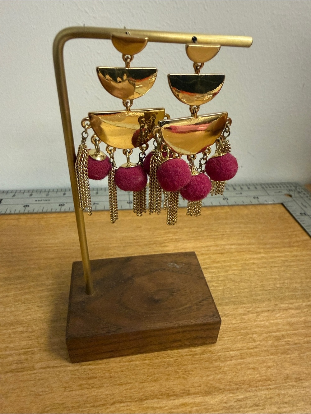 Rebecca Minkoff gold tone statement dangle earrings tassel pink puff